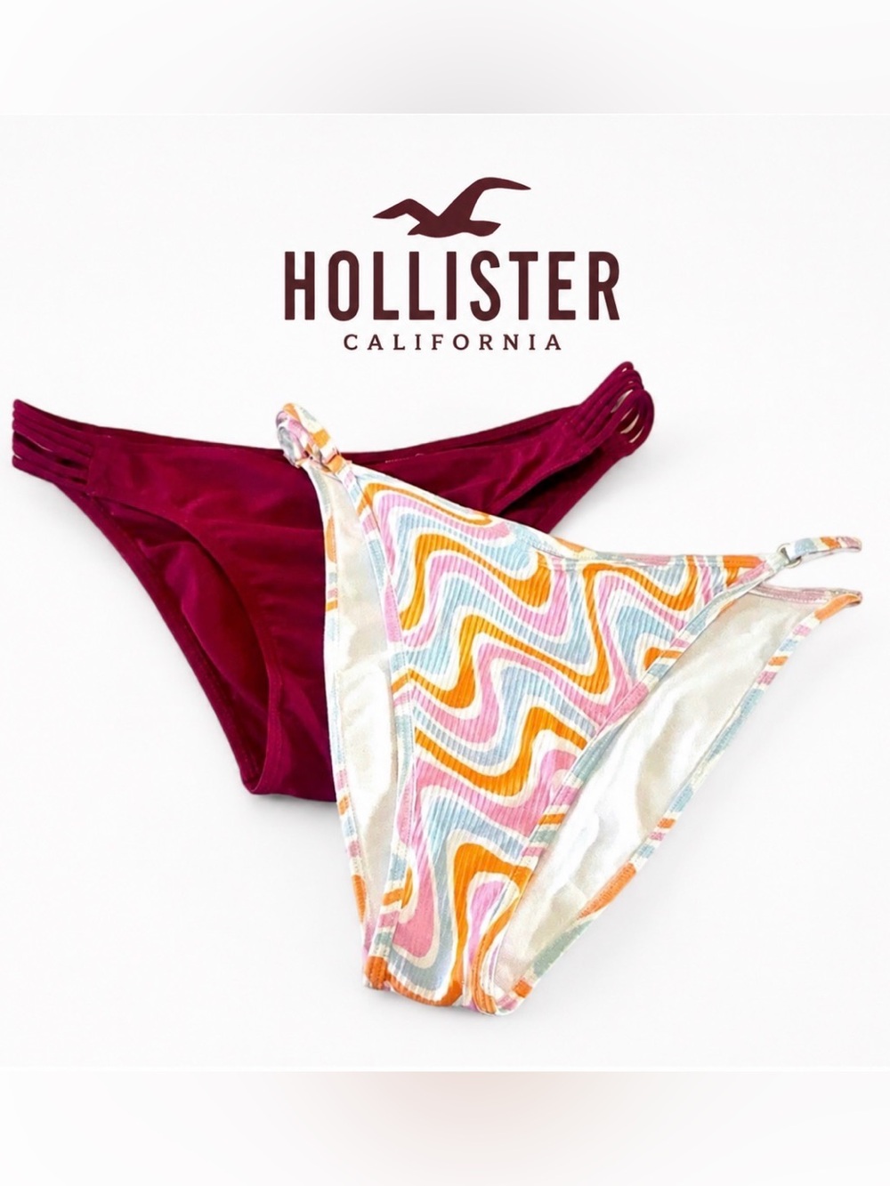 BUNDLE (2) Hollister Women’s CHEEKY Bikini Bottoms Cranberry & White Pink Wavy M